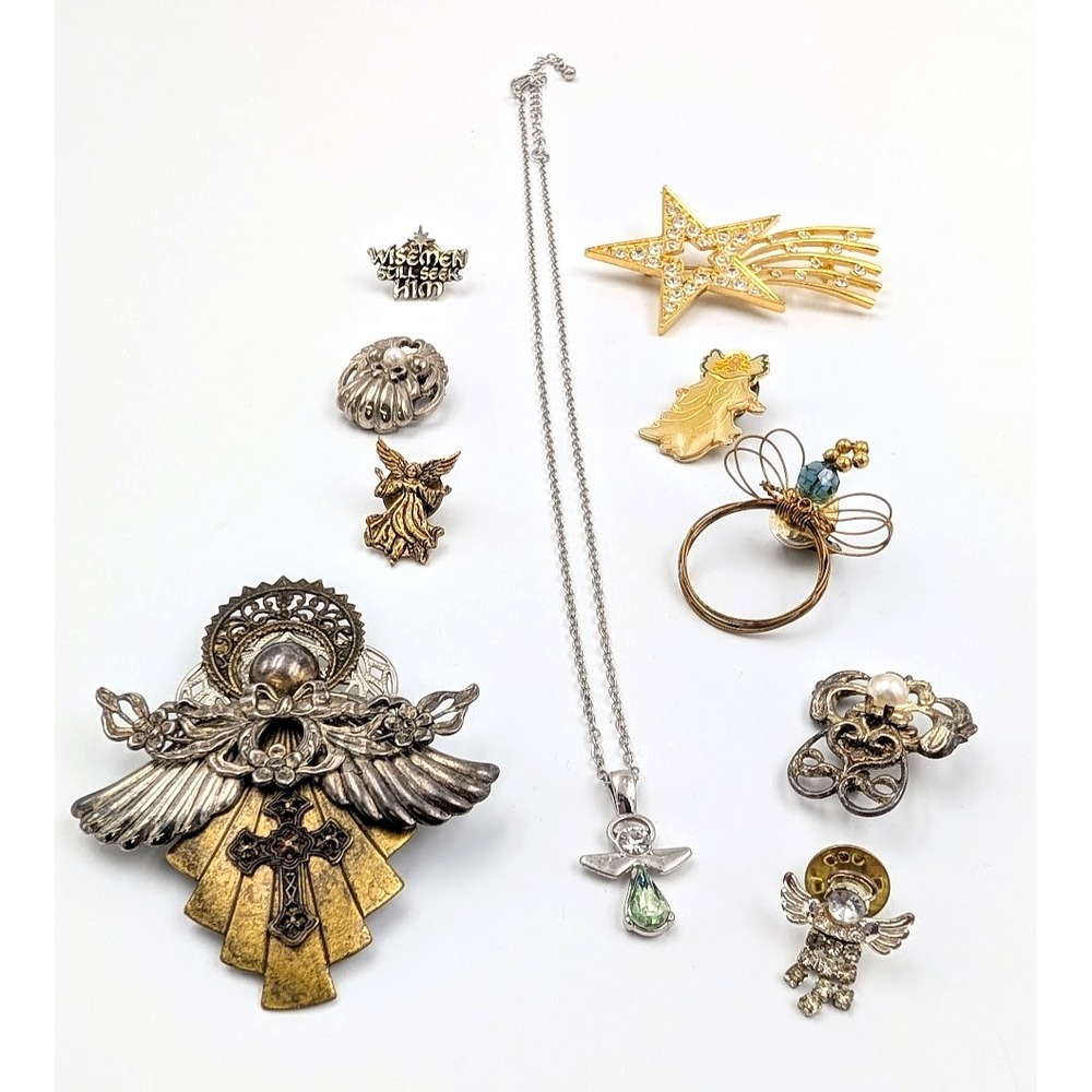 Curated Vintage‎ Angel Jewelry Lot of 10 Pin Brooch Ornate Religious Protection